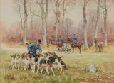 Veneurs et meute. Rendez-vous en forêt by Georges Rötig, Aquarelle sur papier signée et datée (19)03 en bas à gauche et encadrée, sold Sep 2020