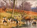 Vénerie du cerf. Le bat-l’eau by Georges Rötig, Aquarelle gouachée signée et datée (19)09 en bas à gauche et encadrée, sold Sep 2020
