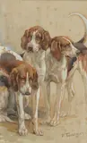Trois chiens de meute by Paul Tavernier, Aquarelle sur papier signée en bas à droite et encadrée, sold Sep 2020