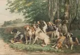 Le relais de chien Français et Anglo tricolores by Jules Gélibert, 1889, Aquarelle sur papier signée et datée, sold Sep 2020
