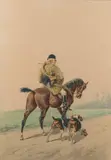 Veneur à la pelisse et deux chiens tricolores by Charles-Fernand de Condamy, Aquarelle sur papier signée en bas à droite et encadrée, sold Sep 2020