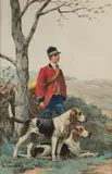 Veneur et deux Français tricolores by Charles-Fernand de Condamy, Aquarelle sur papier signée en bas à gauche et encadrée, sold Sep 2020