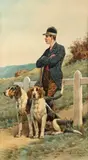 Veneur et deux chiens à la barrière by Charles-Fernand de Condamy, Aquarelle sur papier signée en bas à droite et encadrée, sold Sep 2020