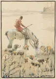 Veneur et meute. La halte à l’étang by Édouard Doigneau, 1902, Aquarelle et lavis sur papier signée et datée, sold Sep 2020