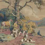 Veneur et relais de chien by Édouard Doigneau, Gouache et aquarelle signée en bas à droite et encadrée, sold Sep 2020