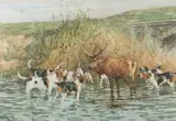 Vénerie du cerf. Le bat l’eau Rallye FRANCHARD à Monsieur Michel Ephrussi, Seine et Marne 1880-1894 by Charles Olivier de Penne, Aquarelle sur papier signée en bas à gauche et encadrée, sold Sep 2020