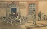 Au chenil. La soupe. Les chiens sous le fouet Équipage du Roi Louis XVIII ou Charles X by Charles Olivier de Penne, Aquarelle sur papier signée en bas à gauche, sold Sep 2020