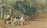 Le relais de chiens Anglo français tricolores Rallye Sivry au Vicomte Aguado Onesime, Seine et Marne 1867-1880 by Charles Olivier de Penne, Aquarelle sur papier signée en bas à droite et encadrée, sold Sep 2020