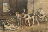 Anglo français tricolores au chenil by Charles Olivier de Penne, Aquarelle sur papier signée et datée (18)70 en bas à droite et encadrée, sold Sep 2020