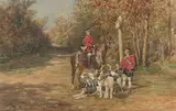 Veneurs et relais de chiens by Charles Olivier de Penne, Aquarelle sur papier signée en bas à gauche et encadrée, sold Sep 2020