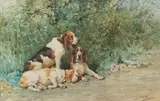 Trois chiens au repos by Charles Olivier de Penne, Aquarelle sur papier signée en bas à droite et encadrée, sold Sep 2020