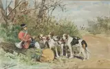 Piqueux et ses chiens by Charles Olivier de Penne, Aquarelle sur papier signée en bas à gauche et encadrée, sold Sep 2020