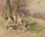 Quatre chiens au repos by Georges Rötig, Aquarelle sur papier signée et datée (19)00 en bas à droite et encadrée, sold Sep 2020