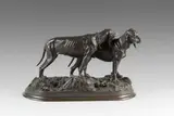 Deux chiens by Martial de Roffignac, Bronze à patine brun noir signé en creux sur la terrasse, sold Sep 2020