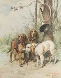 Vendéen et Saint Hubert à la trompe de chasse by Charles Olivier de Penne, Aquarelle gouachée sur papier signée en bas à droite et encadrée, sold Sep 2020