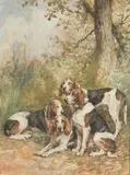 Quatre chiens au repos by Charles Olivier de Penne, Aquarelle gouachée sur papier signée en bas à droite et encadrée, sold Sep 2020