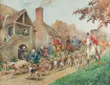 La meute, le paysan et son cochon by Georges Louis Charles Busson, Aquarelle sur papier signée en bas à droite et encadrée, sold Sep 2020
