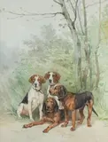 Anglo Français Tricolores et Saint Hubert au relais by Charles Olivier de Penne, Aquarelle et gouache signée en bas à gauche et encadrée, sold Sep 2020