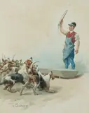 Valet de chiens devant l’auge by Charles-Fernand de Condamy, Aquarelle sur papier signée en bas à gauche et encadrée, sold Sep 2020