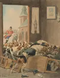 Vénerie du sanglier, Hallali dans le presbytère by Charles-Fernand de Condamy, Aquarelle sur papier signée en bas à gauche et encadrée, sold Sep 2020
