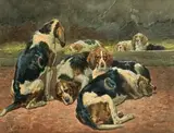 Chiens au chenil by Charles-Fernand de Condamy, 1880, Aquarelle et gouache sur papier signée et datée, sold Sep 2020