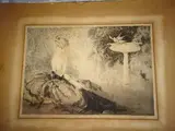 Jeune femme regardant deux colombes sur une fontaine by Louis Icart, Lithographie colorée sur papier, sold Jan 2020