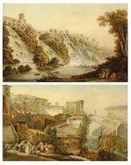 Le village et le temple de la Sybille à Tivoli Les cascatelles de Tivoli by Sébastien Constantin, Plume et encre de chine, aquarelle, sold Nov 2011