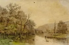 Enfants près d'une rivière by Japy Louis Aimé, Lavis d'encre et aquarelle sur papier, sold Nov 2011