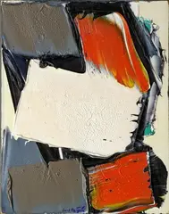 Composition, 1/1991 by Yan Meyer, Toile signée en bas au milieu, contresignée et datée au dos et dédicacée pour Mourine, sold Nov 2011