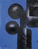 Composition au fond bleu by Ladislas Kijno, Gouache, encre et aérosol glycéro sur papier froissé, sold Nov 2011