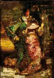 Couple femme de dos et homme en vert de 3/4 by Adolphe Joseph Thomas Monticelli, Panneau signé en bas à gauche, sold Feb 2011