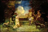 Couple de cavaliers parlant avec un couple à pied et chiens by Adolphe Joseph Thomas Monticelli, Panneau signé en bas à gauche, sold Feb 2011