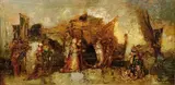 Femmes, hommes et chien devant un bateau by Adolphe Joseph Thomas Monticelli, Panneau signé en bas à droite, sold Feb 2011