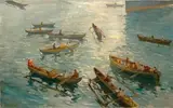 Pirogues à balancier près d'un paquebot by Gaston Parison, Toile signée en bas à gauche, sold Nov 2010