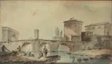 Lavandières près d'un pont dans un paysage italien by Victor-Jean Nicolle, Plume et encre brune, aquarelle, sold Jun 2013