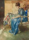 Jeune femme assise avec son chien by Fernand Toussaint, Aquarelle et gouache, sold Jun 2013