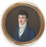 Portrait du baron Antoine-Isaac SILVESTRE de SACY en buste de trois-quarts vers la gauche presque de face, vêtu d'un habit bleu, un gilet ivoire et coiffé de mè by Jean-Baptiste Jacques Augustin, Aquarelle et gouache sur ivoire, sold Jun 2013