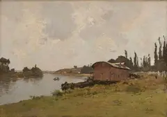 Bateau lavoir en bord de Seine by Paul Lecomte, Toile, sold Jun 2017