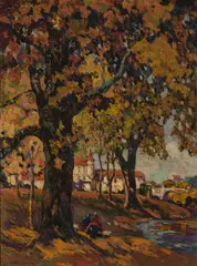Gossips, Joigny, France, on the Yonne by John Wesley Cotton, oil on canvas, sold Jun 2019