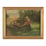 Girl and Terrier in a Beached Boat by William Barr, Oil on canvas, sold Jan 2023