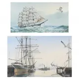 Two Maritime Scenes by Pete Peterson, Watercolor and whitening on paper; the first a harbor scene, sold Dec 2022