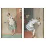 Nosy Maids (two works) by Jozsef Palfy, Watercolor and whitening on paper, sold Dec 2022