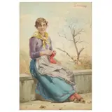 A Young Woman Knitting by Ernesto Torrini, Watercolor on paper laid on board, sold Dec 2022