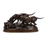 Two Hounds Hunting a Hare by Hippolyte Heizler, Cast bronze with warm brown patina, sold Dec 2022