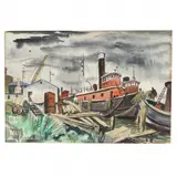 Harbor Scene (double-sided) by Claude Howell, Watercolor on paper, sold Dec 2022