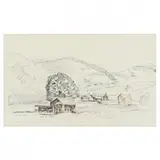 Mountain Farm Scene by Philip Moose, Ink and brown crayon on paper, sold Nov 2022