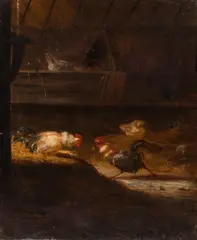 Roosters by Charles Jacque, oil on canvas, sold Aug 2025