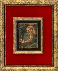 Surrealist Scene of a Woman Holding a Coin by David Burliuk, Oil on Masonite, sold Sep 2026