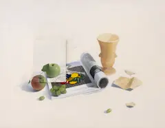 Still Life with Green Apple II by Liliana Porter, 1983, Mixed Media on Canvas, sold Oct 2026