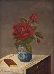 Still Life Scene of Red Roses in a Blue and White Vase and a Book by George Cope, 1906, Oil on Canvas, sold Oct 2026